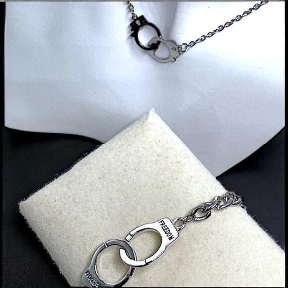“Freedom” Handcuffs Necklace & Bracelet Custom Set l Stainless Steel l Inscribed - Picture 1 of 10